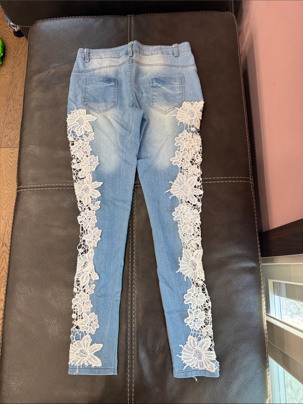 Light Blue Women's Jeans with White Lace Side Panels - Picture 2 of 2